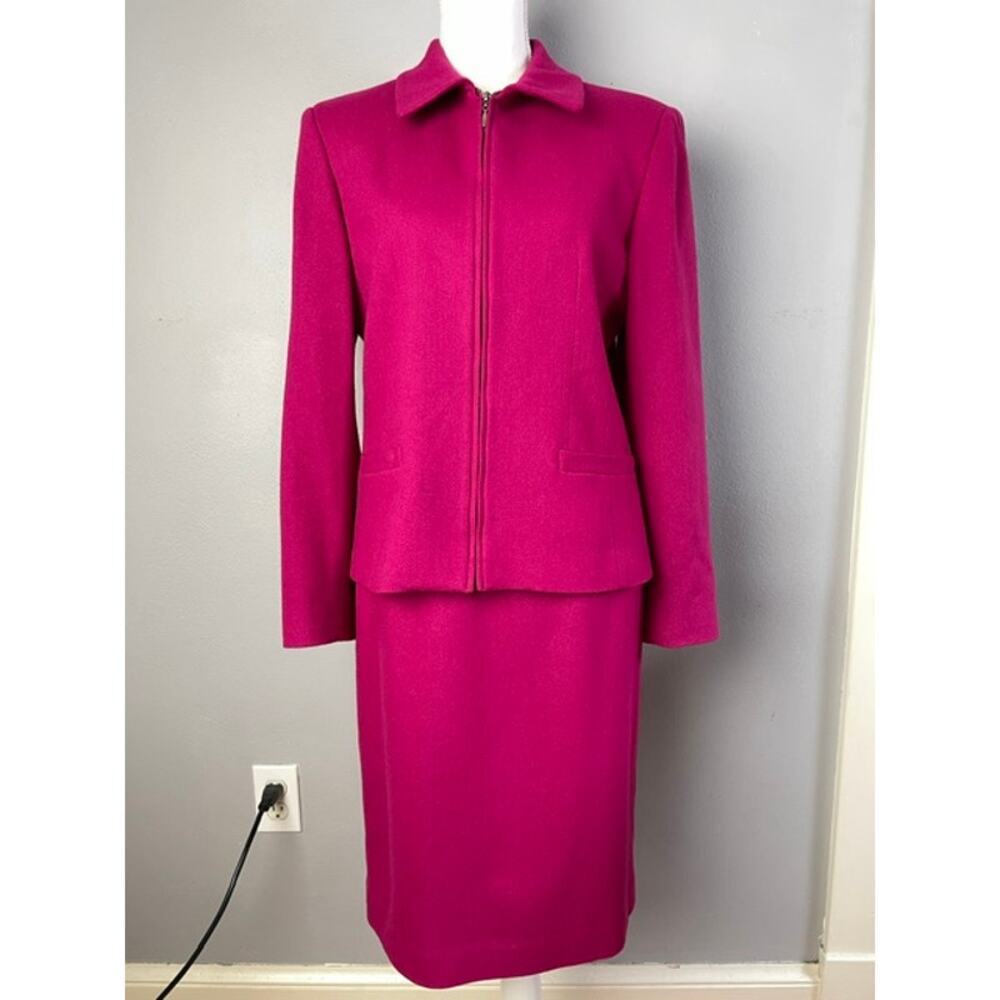 Kim Rogers 100% Merino Wool Skirt Suit Women 8 Fuchsia Pink Zip Jacket